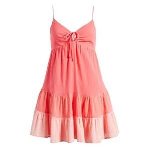 Bp Junior's  Floral Tiered Cotton Babydoll Dress In Pink Multi Tiered, Sz. M